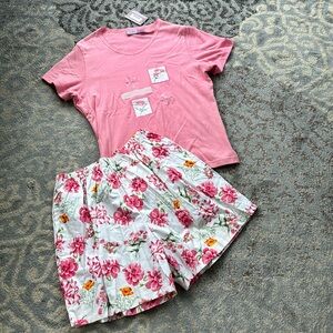 Vintage Premier International Two Piece Embroidered T-shirt Floral Shorts Set XL